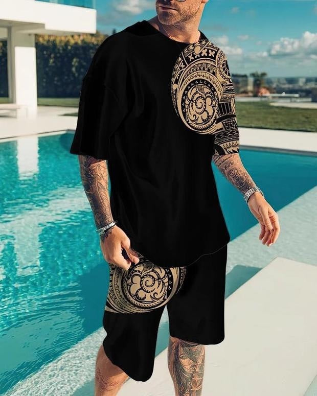 Printed Round Neck Sleeve Shorts Suit For Men