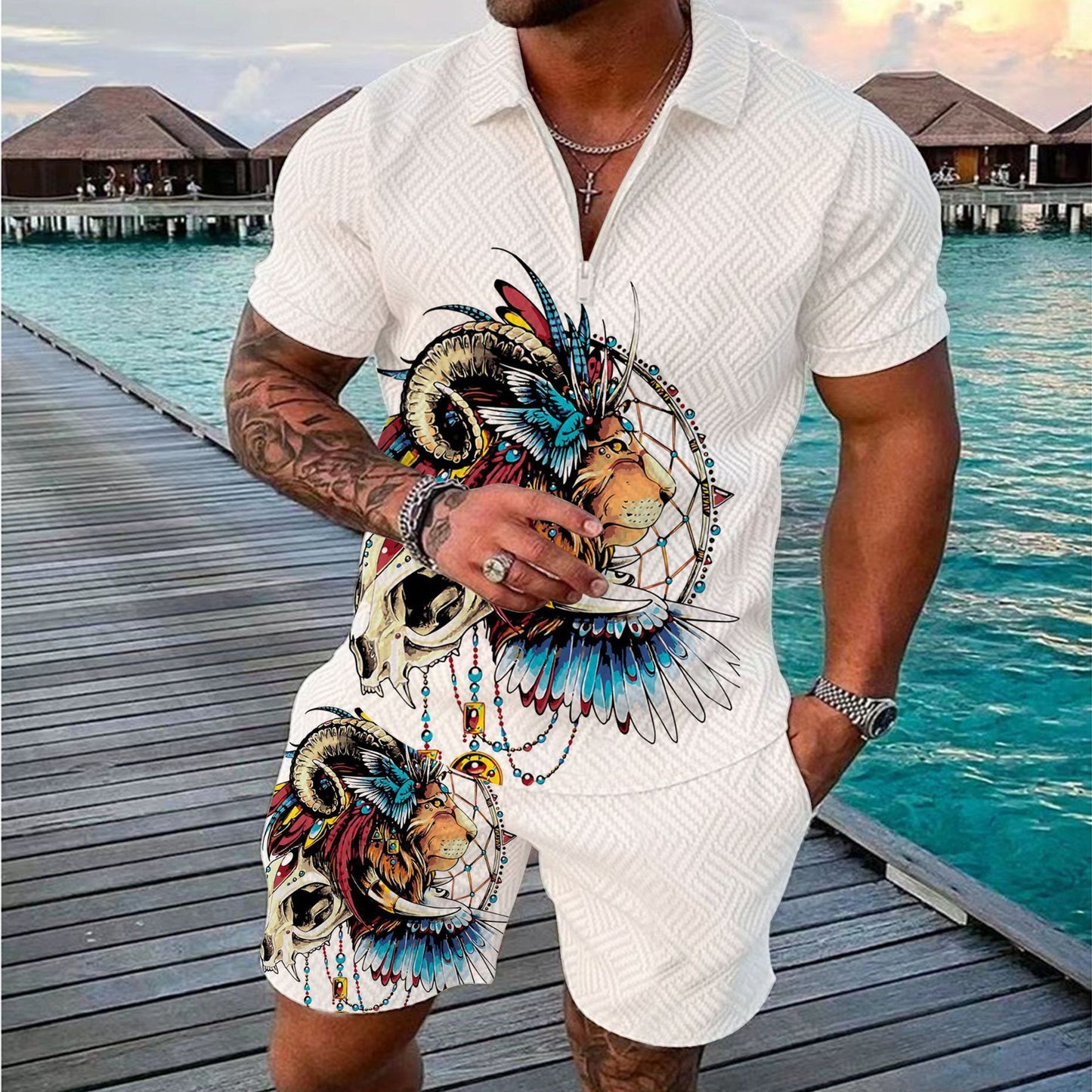 Fashionable Zipper Polo Shirt Suit For Men