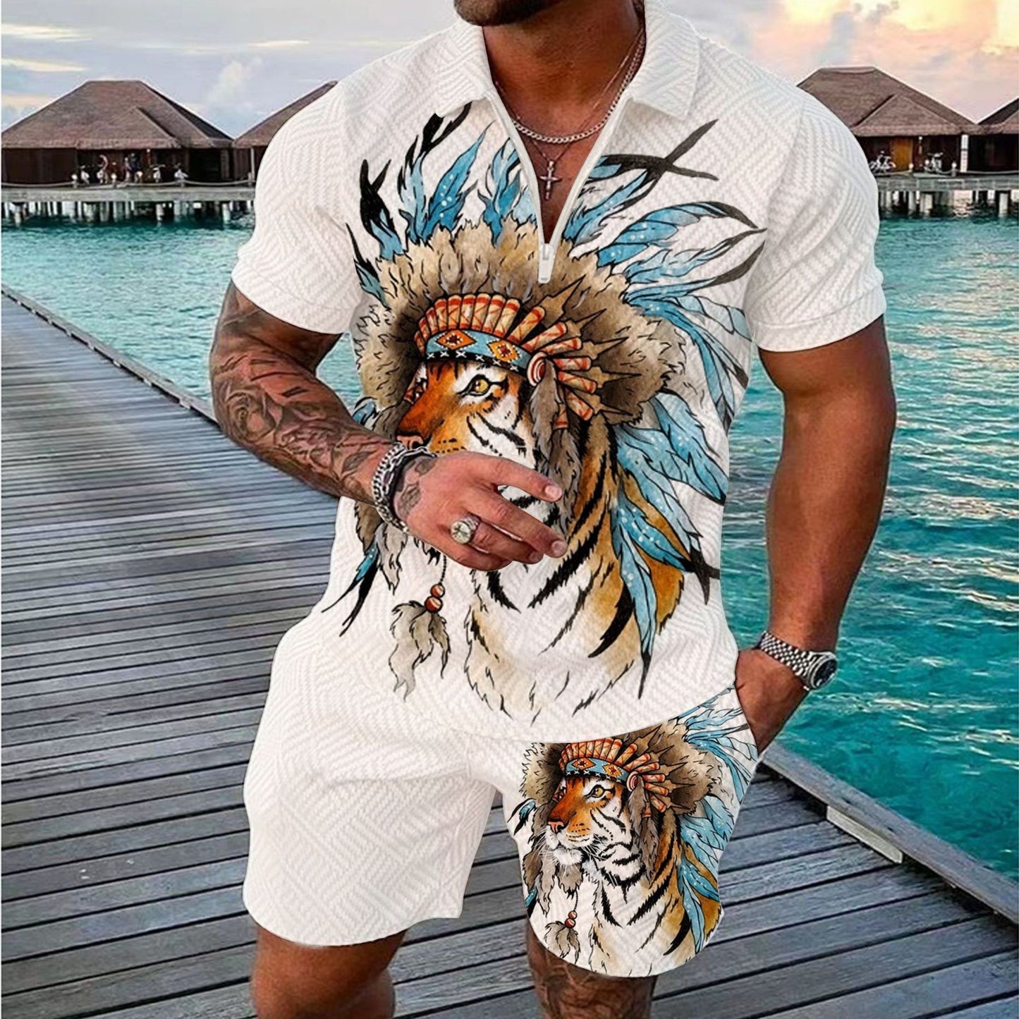 Fashionable Zipper Polo Shirt Suit For Men